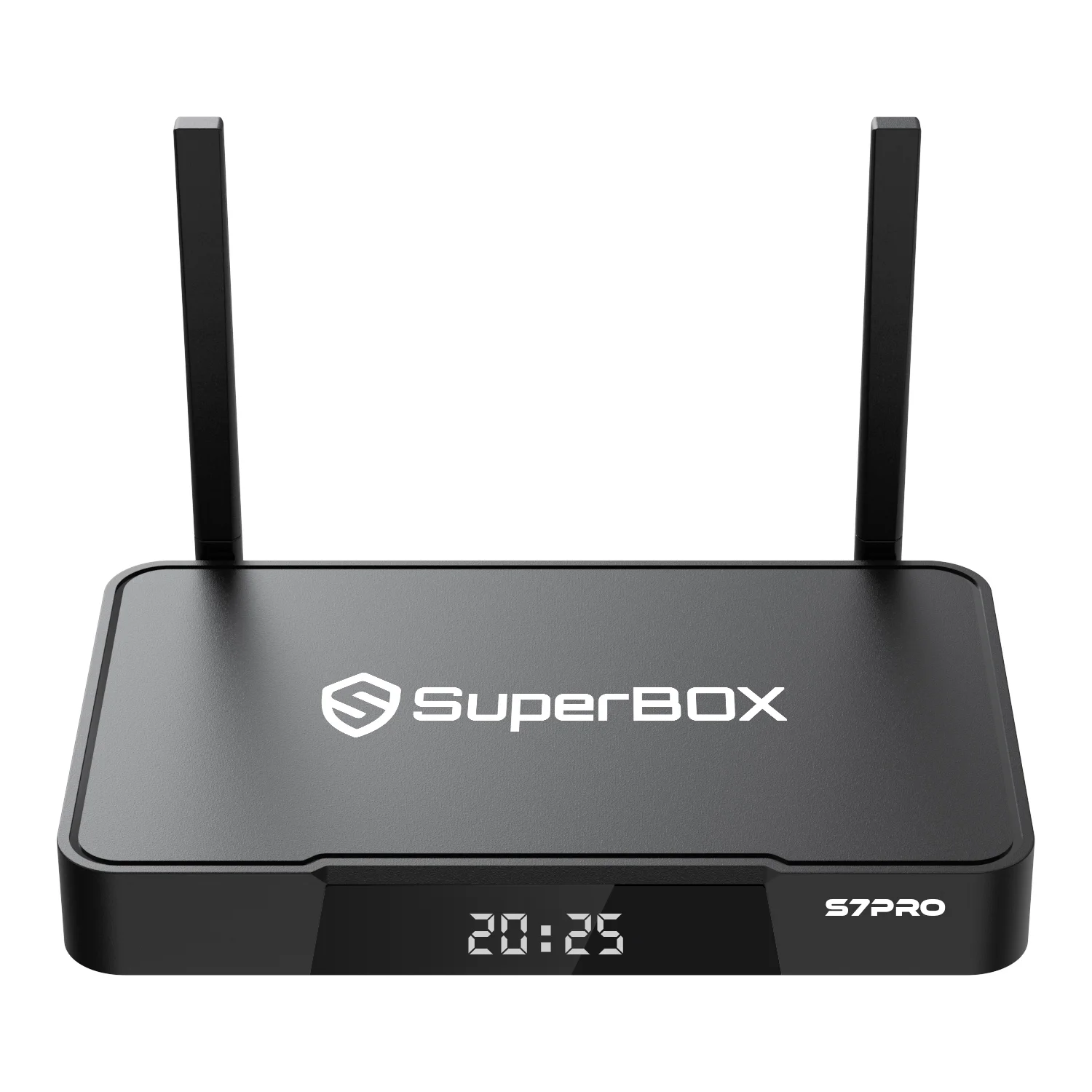 Black SuperBOX S7PRO media streaming device with two antennas and a digital clock display showing 20:25, suitable for home entertainment.