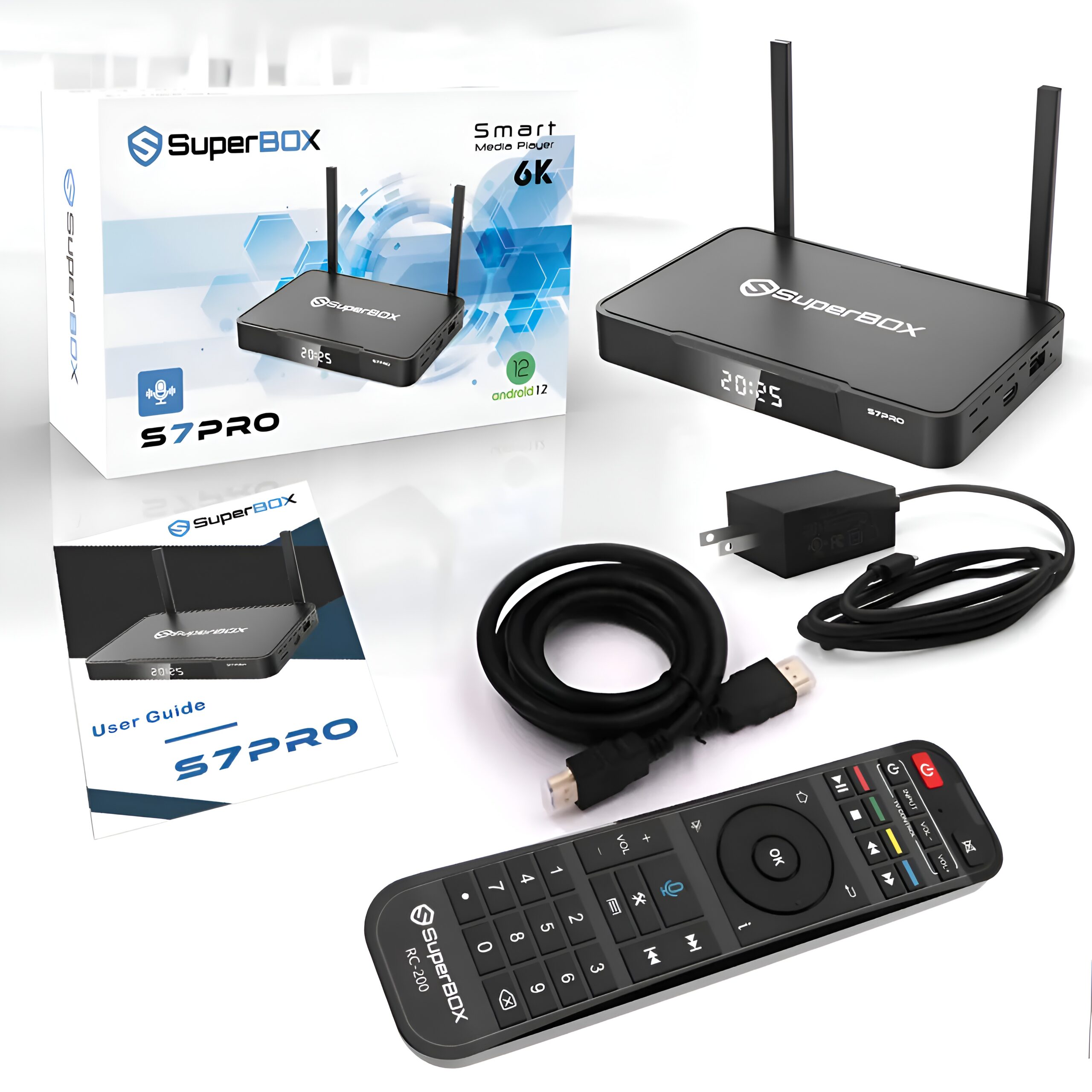 Superbox S7 Pro Android TV box with sleek design, remote control, and various connectivity options for streaming media.