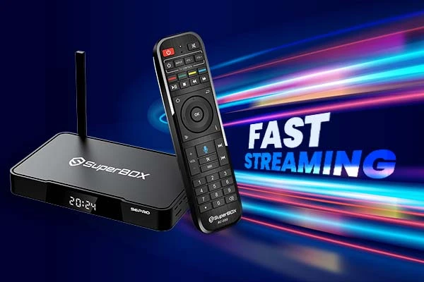 SuperBox streaming device and remote, promoting fast streaming with an illuminated display. Ideal for enhancing home entertainment.